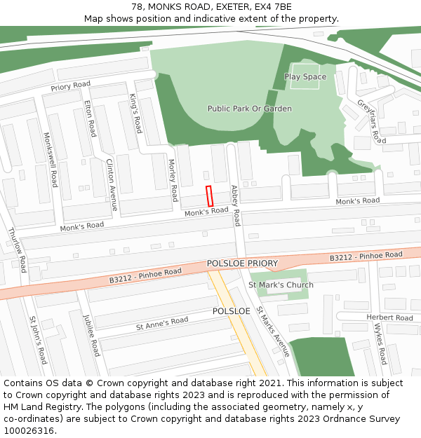 78, MONKS ROAD, EXETER, EX4 7BE: Location map and indicative extent of plot
