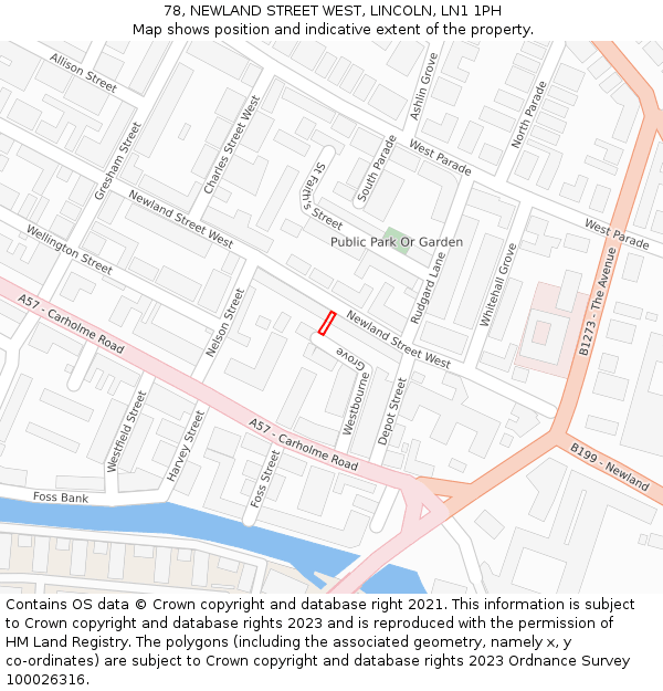 78, NEWLAND STREET WEST, LINCOLN, LN1 1PH: Location map and indicative extent of plot