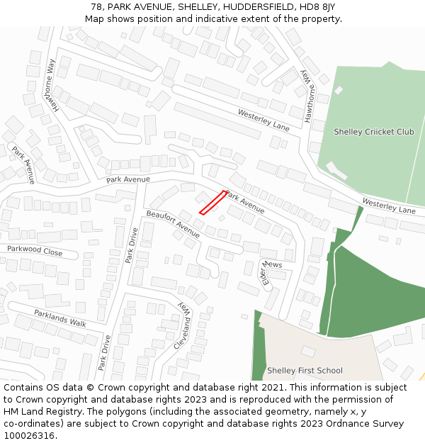78, PARK AVENUE, SHELLEY, HUDDERSFIELD, HD8 8JY: Location map and indicative extent of plot