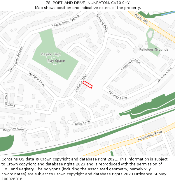78, PORTLAND DRIVE, NUNEATON, CV10 9HY: Location map and indicative extent of plot