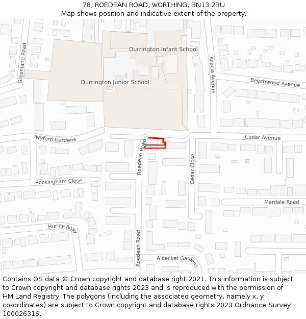 78, ROEDEAN ROAD, WORTHING, BN13 2BU: Location map and indicative extent of plot