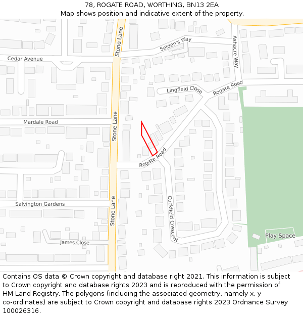 78, ROGATE ROAD, WORTHING, BN13 2EA: Location map and indicative extent of plot