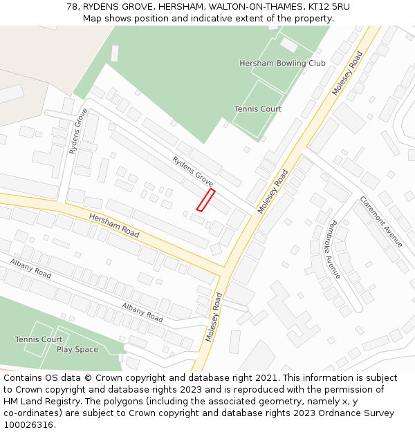 78, RYDENS GROVE, HERSHAM, WALTON-ON-THAMES, KT12 5RU: Location map and indicative extent of plot