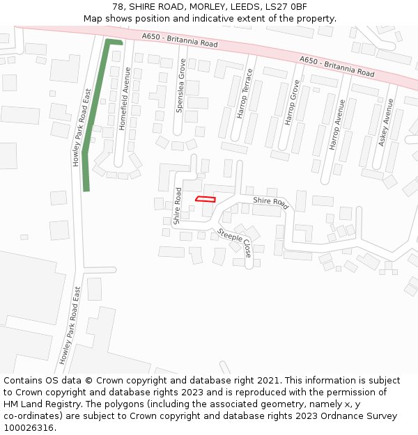 78, SHIRE ROAD, MORLEY, LEEDS, LS27 0BF: Location map and indicative extent of plot