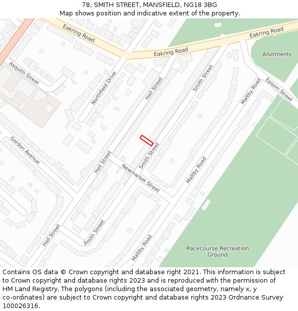 78, SMITH STREET, MANSFIELD, NG18 3BG: Location map and indicative extent of plot