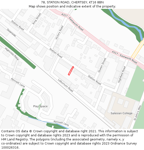 78, STATION ROAD, CHERTSEY, KT16 8BN: Location map and indicative extent of plot