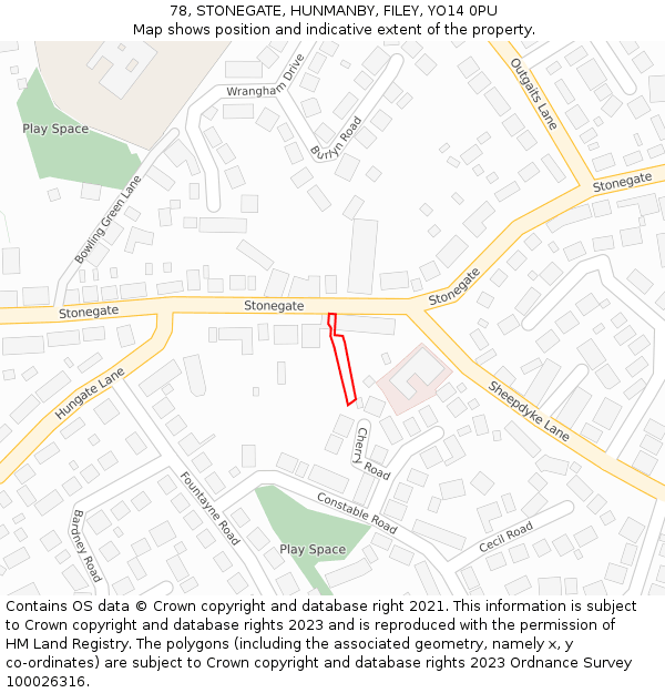 78, STONEGATE, HUNMANBY, FILEY, YO14 0PU: Location map and indicative extent of plot