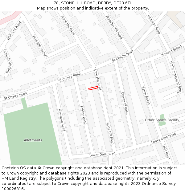 78, STONEHILL ROAD, DERBY, DE23 6TL: Location map and indicative extent of plot