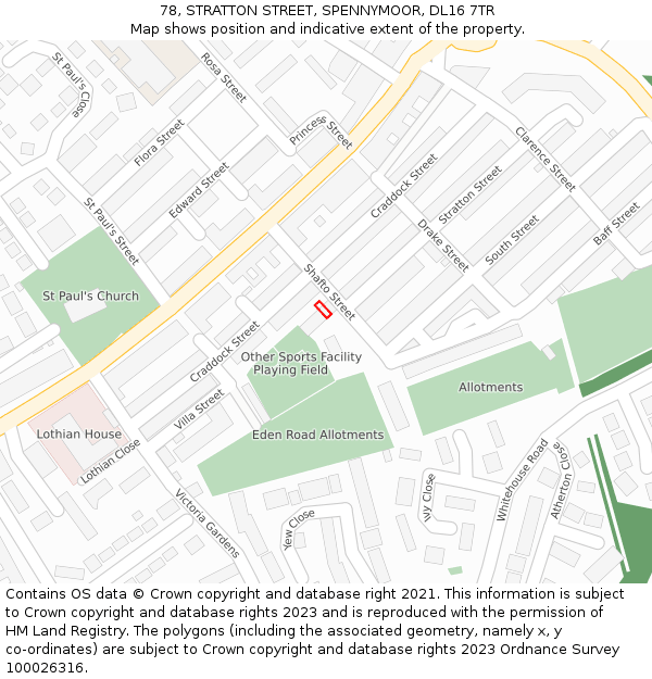 78, STRATTON STREET, SPENNYMOOR, DL16 7TR: Location map and indicative extent of plot