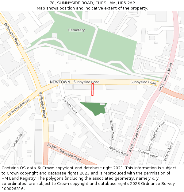 78, SUNNYSIDE ROAD, CHESHAM, HP5 2AP: Location map and indicative extent of plot