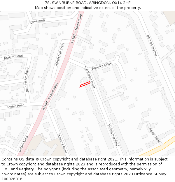 78, SWINBURNE ROAD, ABINGDON, OX14 2HE: Location map and indicative extent of plot
