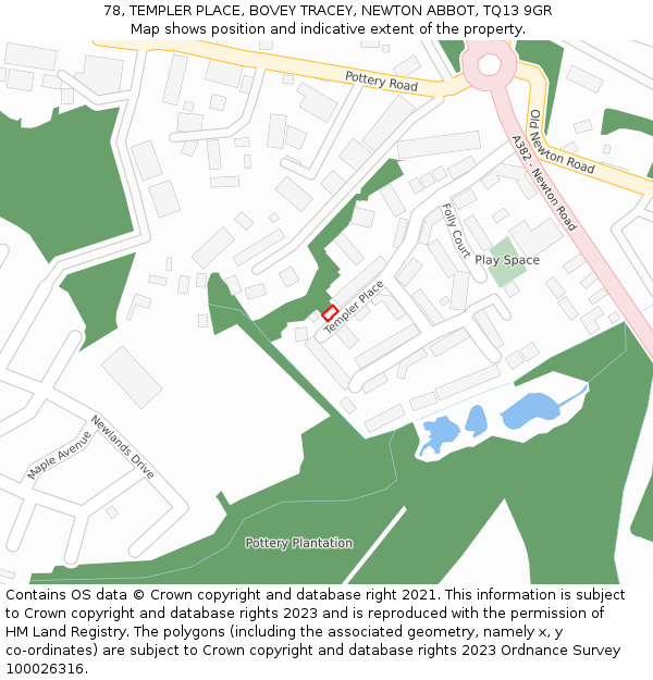 78, TEMPLER PLACE, BOVEY TRACEY, NEWTON ABBOT, TQ13 9GR: Location map and indicative extent of plot