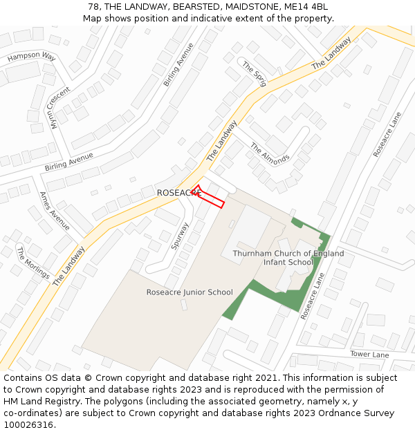 78, THE LANDWAY, BEARSTED, MAIDSTONE, ME14 4BL: Location map and indicative extent of plot