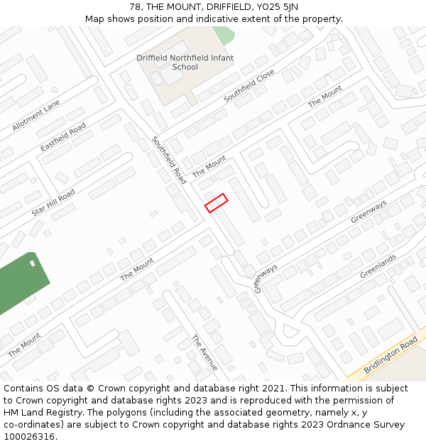 78, THE MOUNT, DRIFFIELD, YO25 5JN: Location map and indicative extent of plot