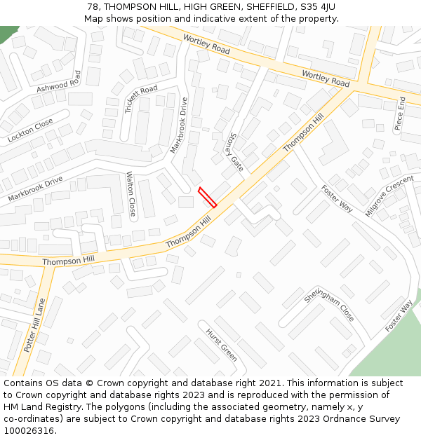 78, THOMPSON HILL, HIGH GREEN, SHEFFIELD, S35 4JU: Location map and indicative extent of plot