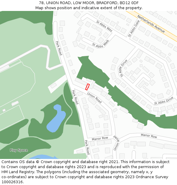 78, UNION ROAD, LOW MOOR, BRADFORD, BD12 0DF: Location map and indicative extent of plot