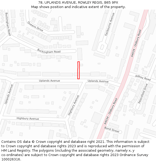 78, UPLANDS AVENUE, ROWLEY REGIS, B65 9PX: Location map and indicative extent of plot