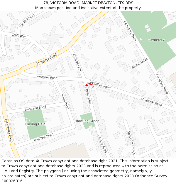 78, VICTORIA ROAD, MARKET DRAYTON, TF9 3DS: Location map and indicative extent of plot