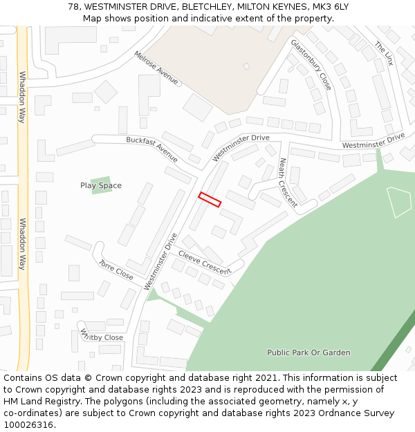 78, WESTMINSTER DRIVE, BLETCHLEY, MILTON KEYNES, MK3 6LY: Location map and indicative extent of plot