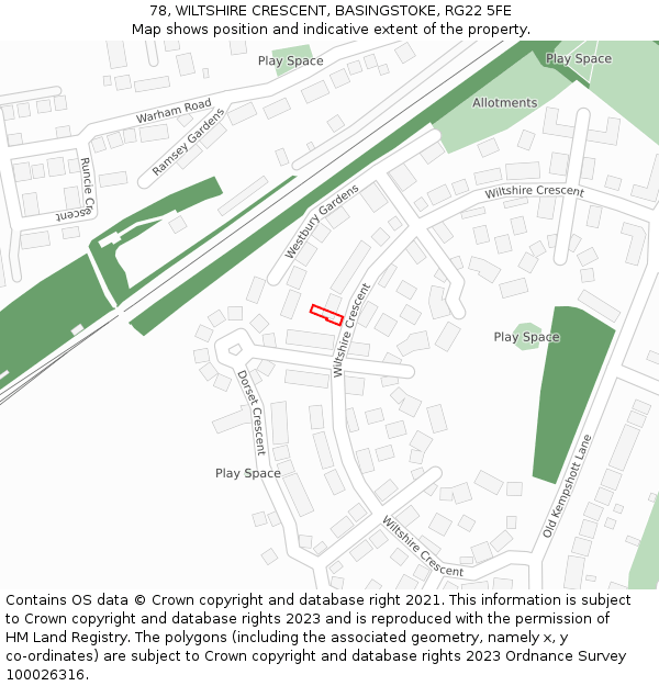 78, WILTSHIRE CRESCENT, BASINGSTOKE, RG22 5FE: Location map and indicative extent of plot