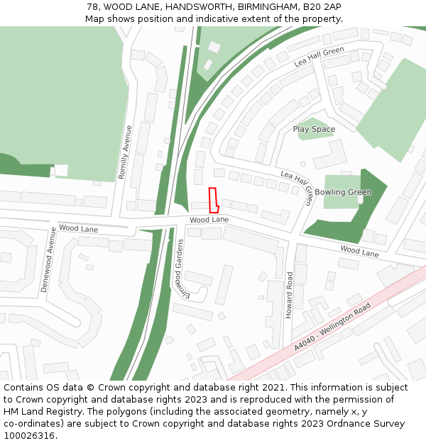 78, WOOD LANE, HANDSWORTH, BIRMINGHAM, B20 2AP: Location map and indicative extent of plot
