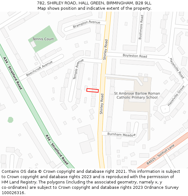 782, SHIRLEY ROAD, HALL GREEN, BIRMINGHAM, B28 9LL: Location map and indicative extent of plot