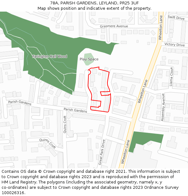 78A, PARISH GARDENS, LEYLAND, PR25 3UF: Location map and indicative extent of plot