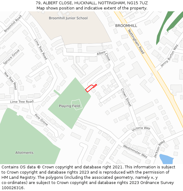 79, ALBERT CLOSE, HUCKNALL, NOTTINGHAM, NG15 7UZ: Location map and indicative extent of plot