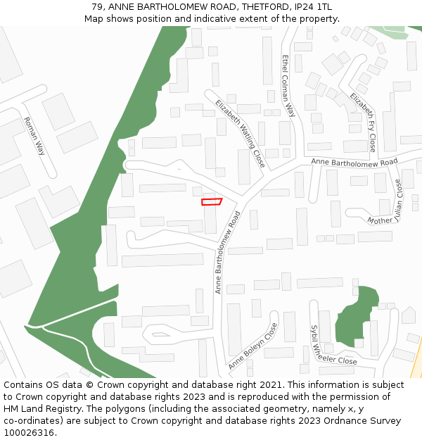 79, ANNE BARTHOLOMEW ROAD, THETFORD, IP24 1TL: Location map and indicative extent of plot