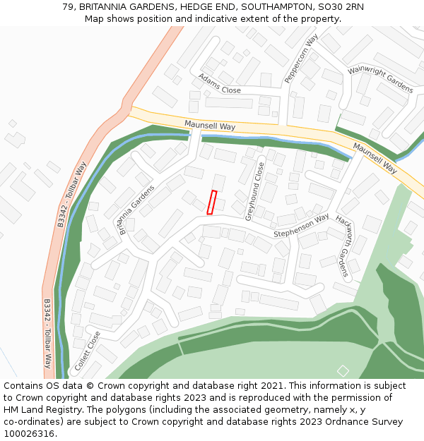 79, BRITANNIA GARDENS, HEDGE END, SOUTHAMPTON, SO30 2RN: Location map and indicative extent of plot