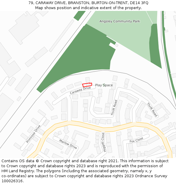 79, CARAWAY DRIVE, BRANSTON, BURTON-ON-TRENT, DE14 3FQ: Location map and indicative extent of plot