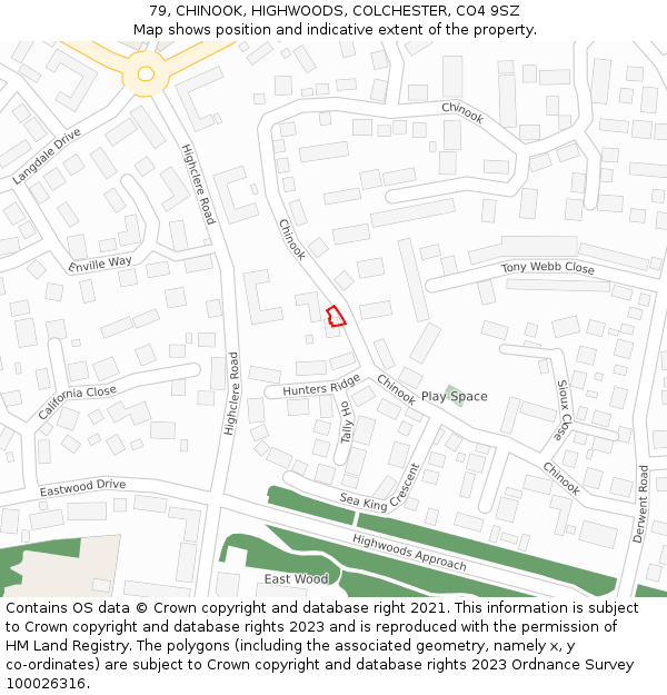 79, CHINOOK, HIGHWOODS, COLCHESTER, CO4 9SZ: Location map and indicative extent of plot