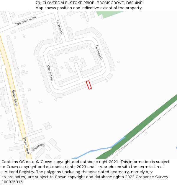 79, CLOVERDALE, STOKE PRIOR, BROMSGROVE, B60 4NF: Location map and indicative extent of plot