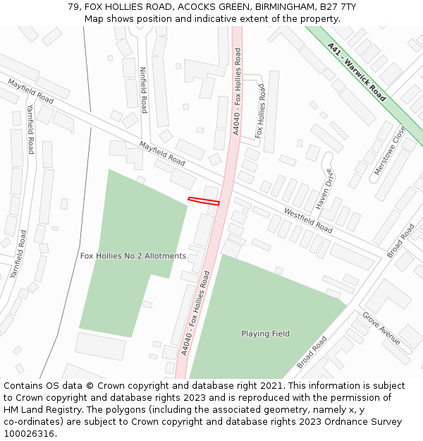 79, FOX HOLLIES ROAD, ACOCKS GREEN, BIRMINGHAM, B27 7TY: Location map and indicative extent of plot