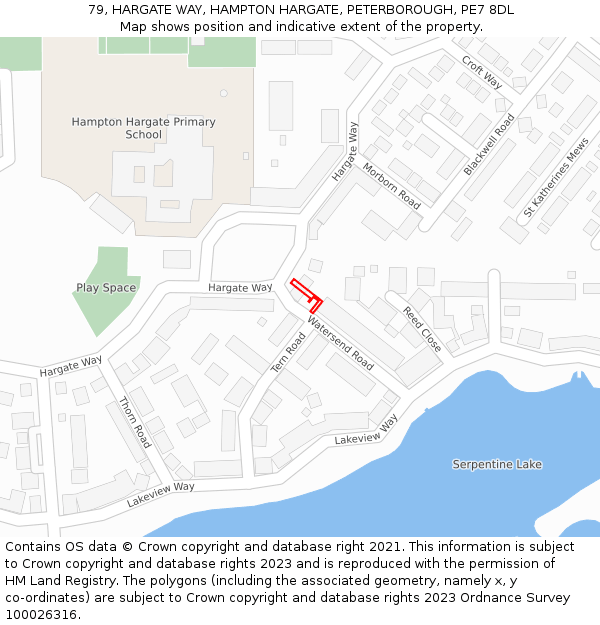 79, HARGATE WAY, HAMPTON HARGATE, PETERBOROUGH, PE7 8DL: Location map and indicative extent of plot