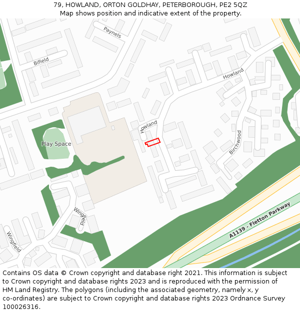 79, HOWLAND, ORTON GOLDHAY, PETERBOROUGH, PE2 5QZ: Location map and indicative extent of plot