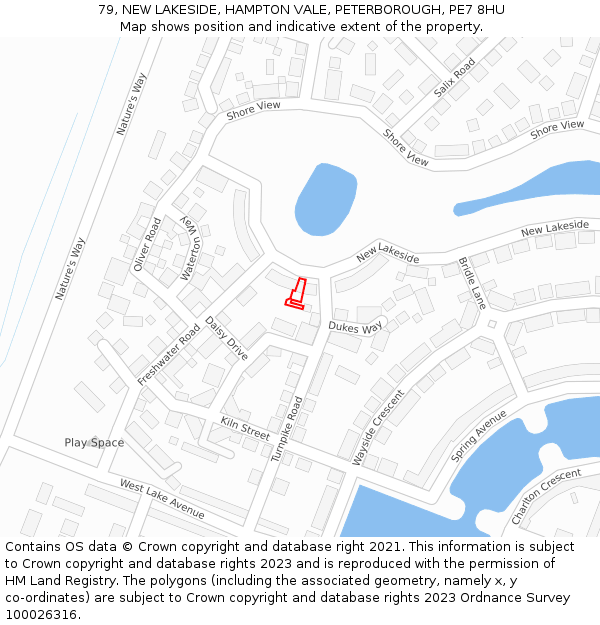 79, NEW LAKESIDE, HAMPTON VALE, PETERBOROUGH, PE7 8HU: Location map and indicative extent of plot