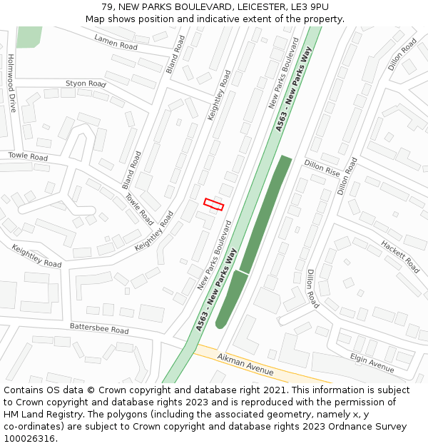 79, NEW PARKS BOULEVARD, LEICESTER, LE3 9PU: Location map and indicative extent of plot