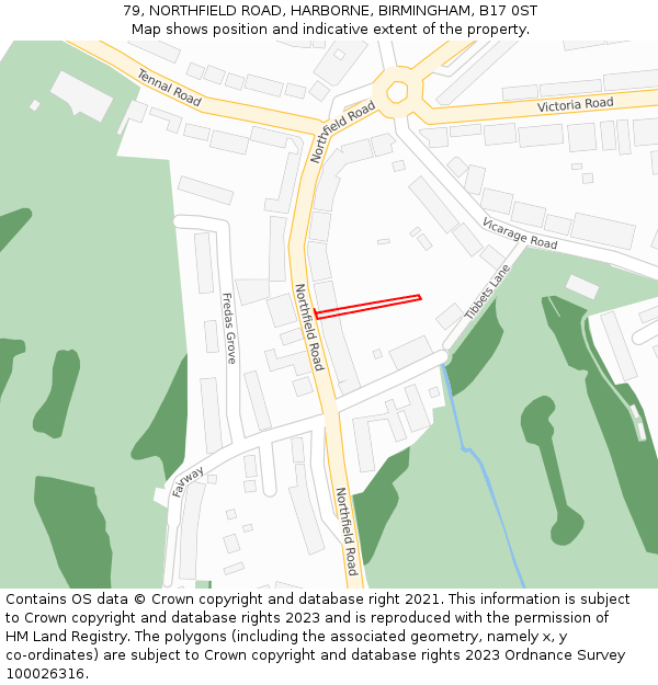 79, NORTHFIELD ROAD, HARBORNE, BIRMINGHAM, B17 0ST: Location map and indicative extent of plot