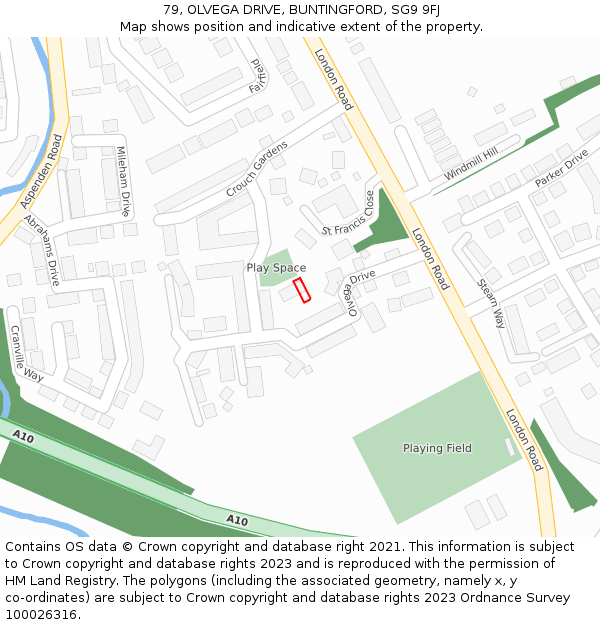 79, OLVEGA DRIVE, BUNTINGFORD, SG9 9FJ: Location map and indicative extent of plot