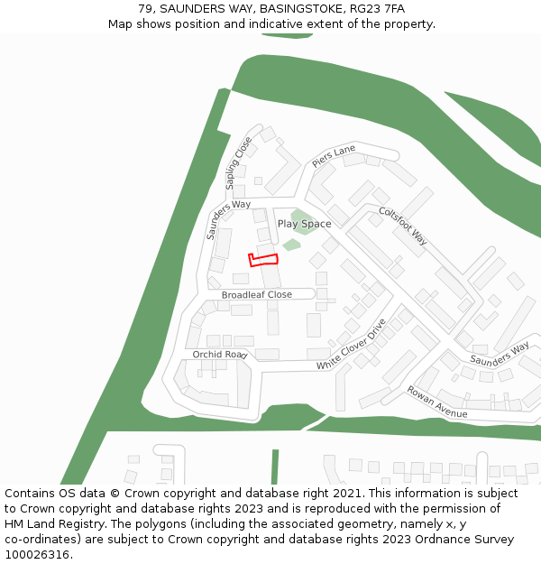 79, SAUNDERS WAY, BASINGSTOKE, RG23 7FA: Location map and indicative extent of plot
