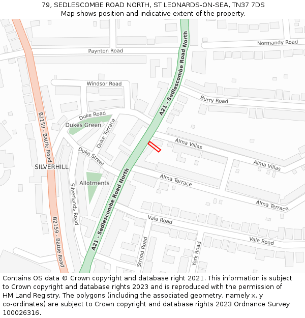 79, SEDLESCOMBE ROAD NORTH, ST LEONARDS-ON-SEA, TN37 7DS: Location map and indicative extent of plot