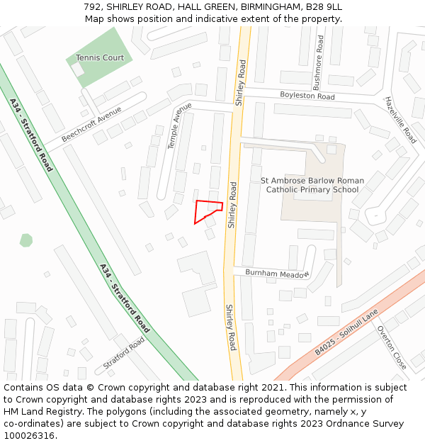 792, SHIRLEY ROAD, HALL GREEN, BIRMINGHAM, B28 9LL: Location map and indicative extent of plot