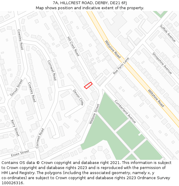 7A, HILLCREST ROAD, DERBY, DE21 6FJ: Location map and indicative extent of plot