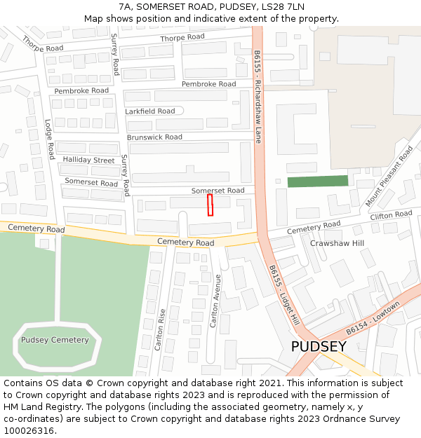7A, SOMERSET ROAD, PUDSEY, LS28 7LN: Location map and indicative extent of plot