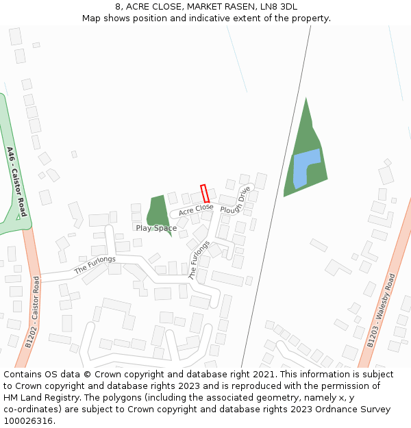 8, ACRE CLOSE, MARKET RASEN, LN8 3DL: Location map and indicative extent of plot