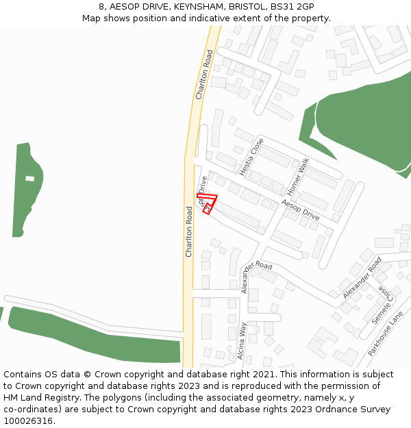 8, AESOP DRIVE, KEYNSHAM, BRISTOL, BS31 2GP: Location map and indicative extent of plot