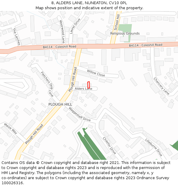 8, ALDERS LANE, NUNEATON, CV10 0PL: Location map and indicative extent of plot