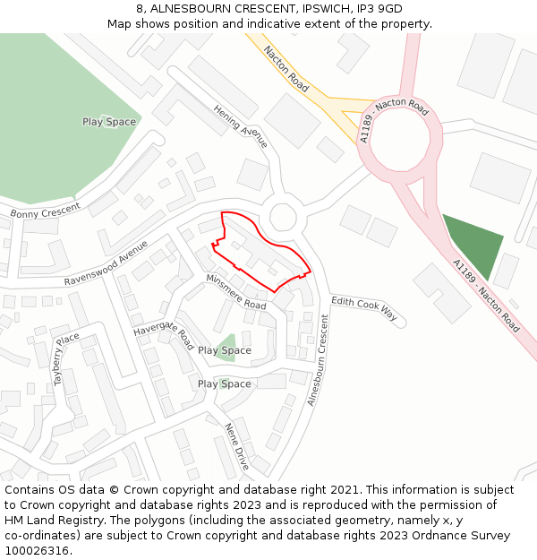 8, ALNESBOURN CRESCENT, IPSWICH, IP3 9GD: Location map and indicative extent of plot