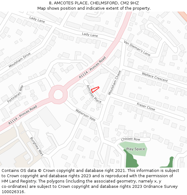 8, AMCOTES PLACE, CHELMSFORD, CM2 9HZ: Location map and indicative extent of plot